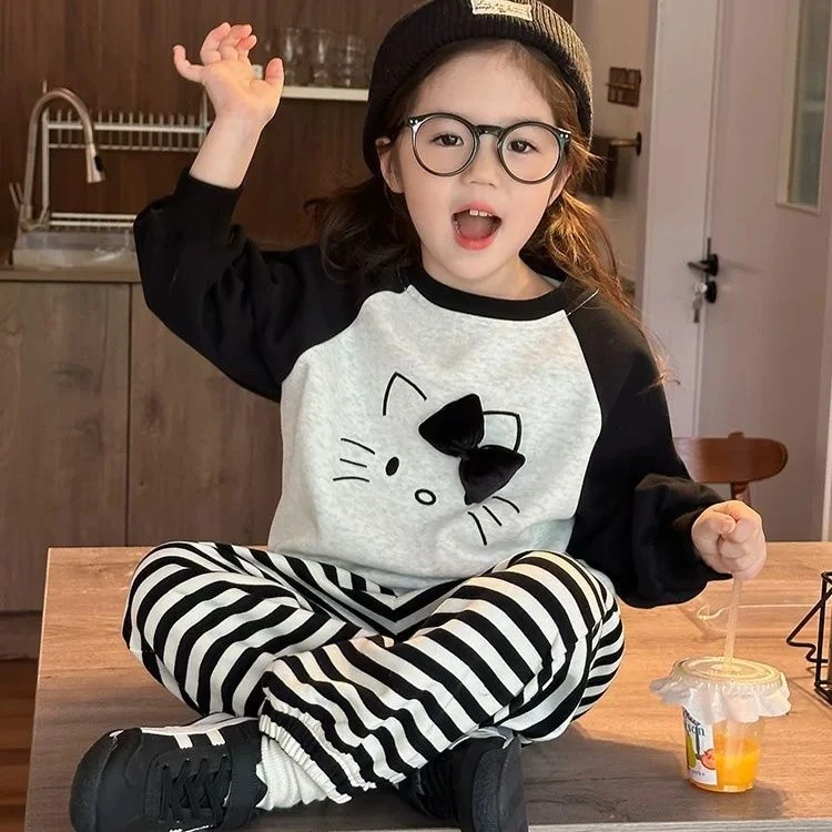 女童秋季套装2024新款宝宝卡通KT猫卫衣时尚条纹休闲裤春秋两件套