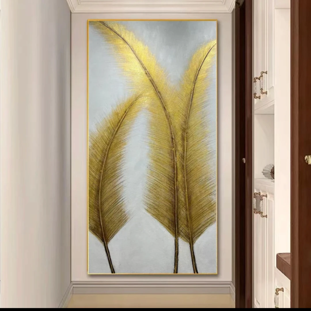 玄关画《黄金叶>新款走廊画现代简约纯手绘油画.耐用质感传统背面