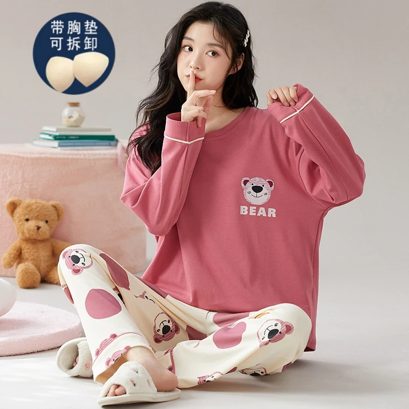 带胸垫睡衣女秋季纯棉长袖长裤甜美大码宽松可外穿家居服套装冬季