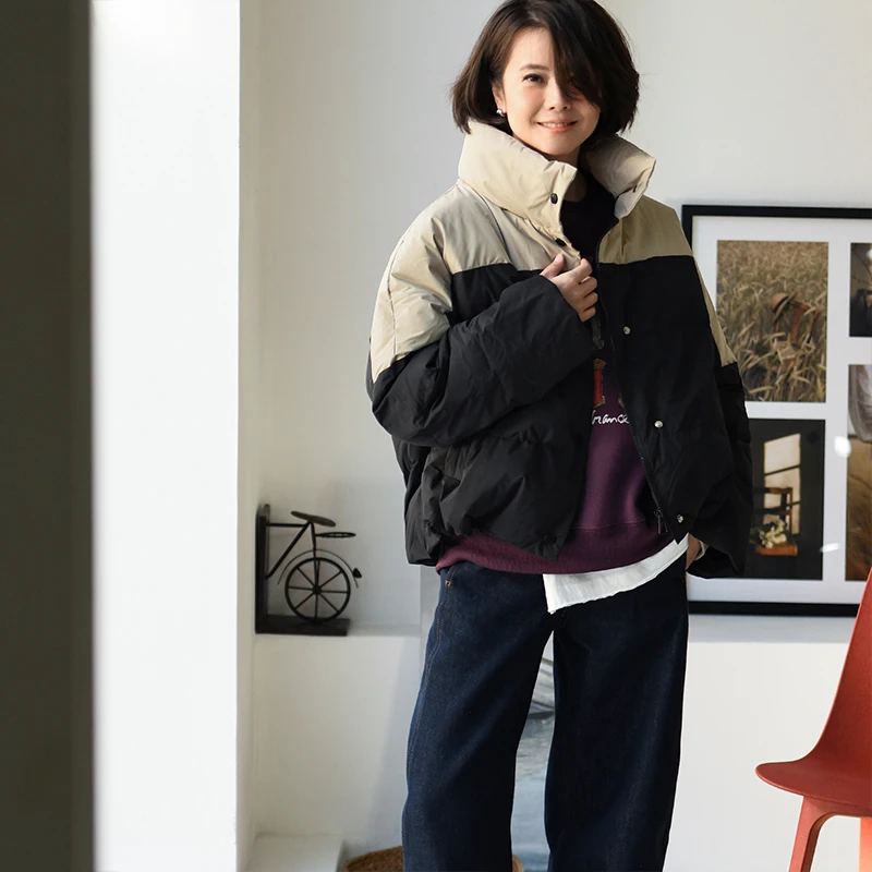 特●Y9529C小个子百搭拼色立领短款羽绒服女冬白鸭绒简约 米可可
