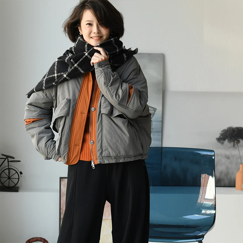 F91690 韩版洋气豁口拼色长袖圆领宽松抽绳短款棉服女冬 米可可