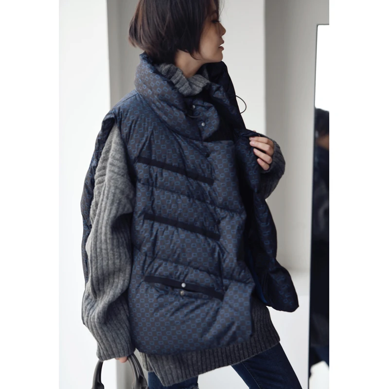 换季V8010C韩版休闲印花宽松显瘦白鸭绒保暖立领马夹外套女冬