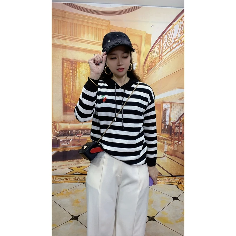 7193秋冬新款连帽女宽松韩版条纹薄针织打底衫休闲毛衣