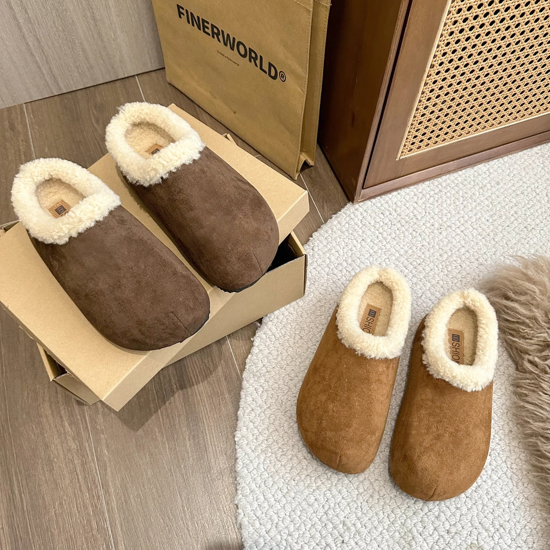 卡皮巴拉休闲包头5cm厚底增高半拖外穿秋冬胖头鞋面包鞋毛毛鞋