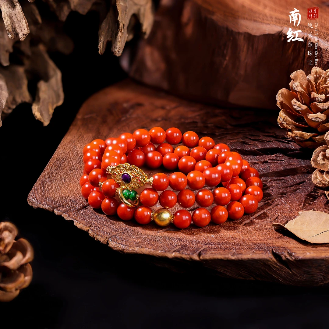 【桃总推荐】18k牛血红瓦西南红7mm圆珠多圈项链@@ZY41125039