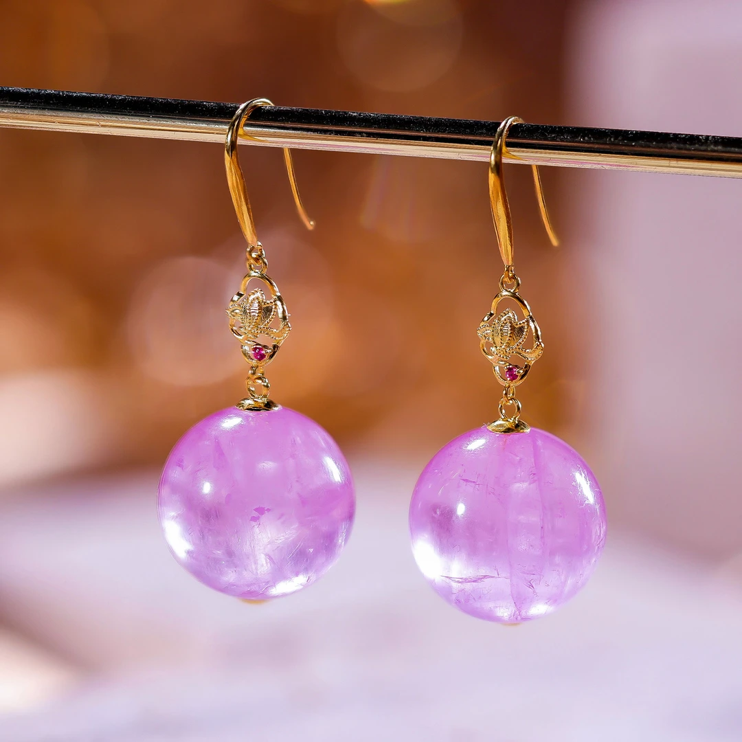 【桃总推荐】18k紫锂辉14mm圆珠耳饰@@ZY41110025