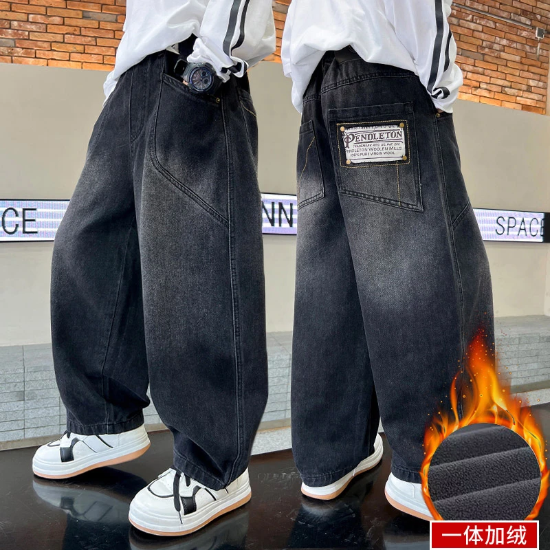 男童冬季加绒长裤2024新款秋冬款中大童帅气男孩一体绒休闲牛仔裤