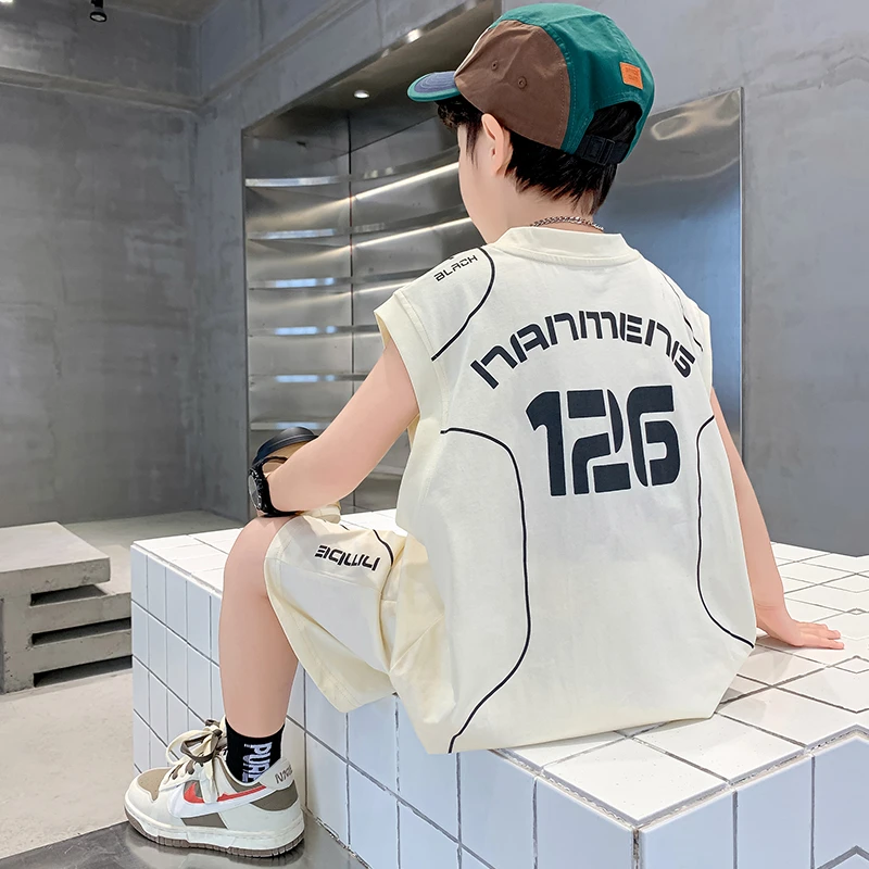 男童夏季套装2024新款夏装无袖背心中大儿童男孩帅气时髦坎肩潮酷
