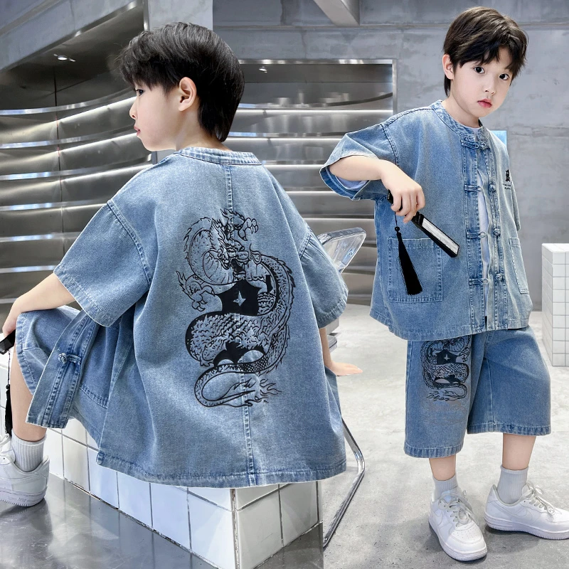 儿童洋气韩版夏季套装2024新款男童薄款牛仔童装中大童帅气两件套