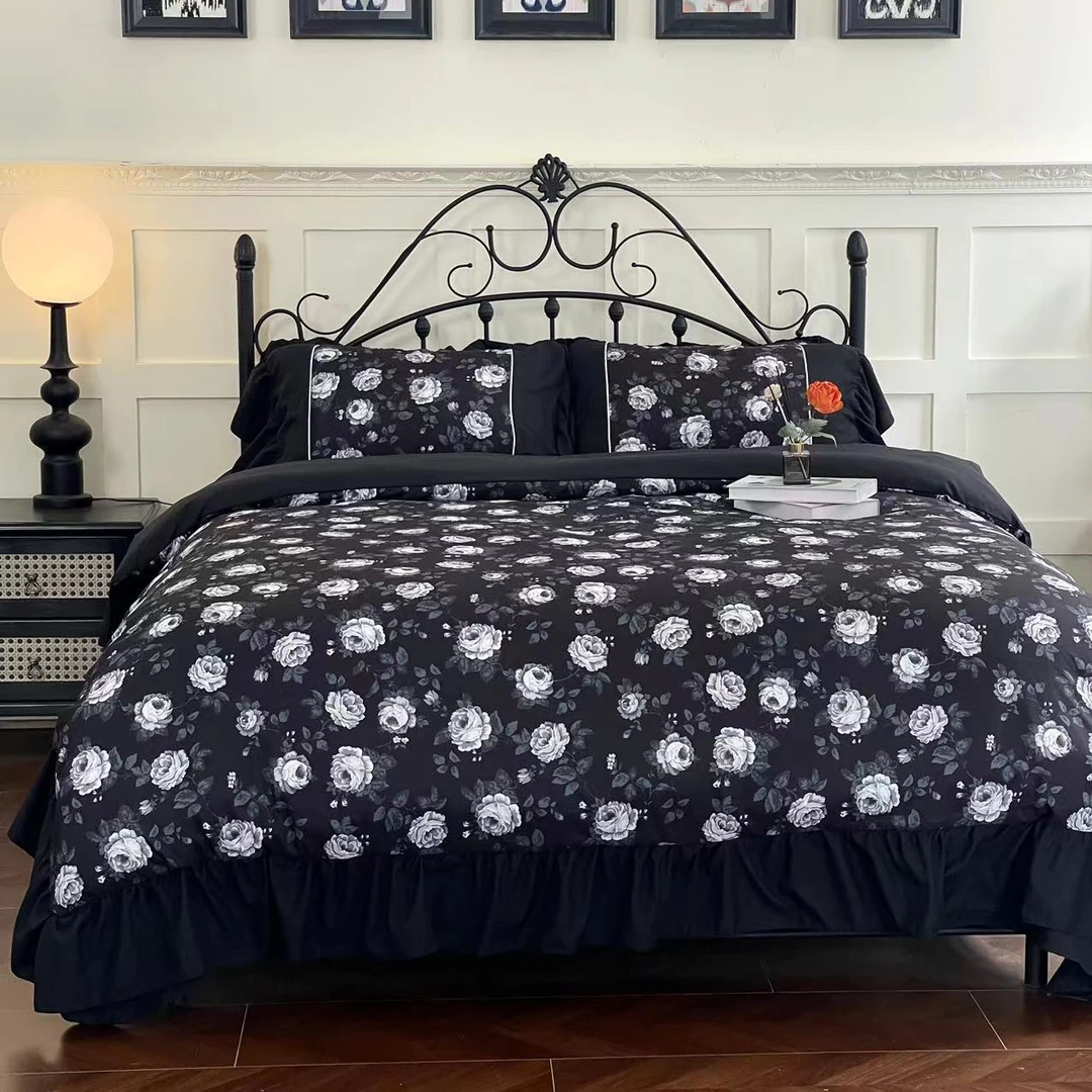 【MEHWI】清货！纯黑款法式大花边开学印花荷叶边床单被套四件套