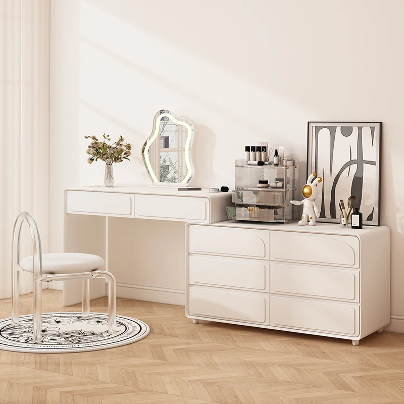 奶油风烤漆斗柜梳妆台卧室现代简约收纳柜转角可伸缩一体式化妆桌
