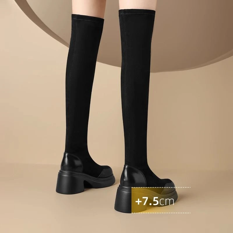 厚底过膝长靴女高筒靴2024秋冬新款小个子百搭加绒显瘦弹力瘦瘦靴