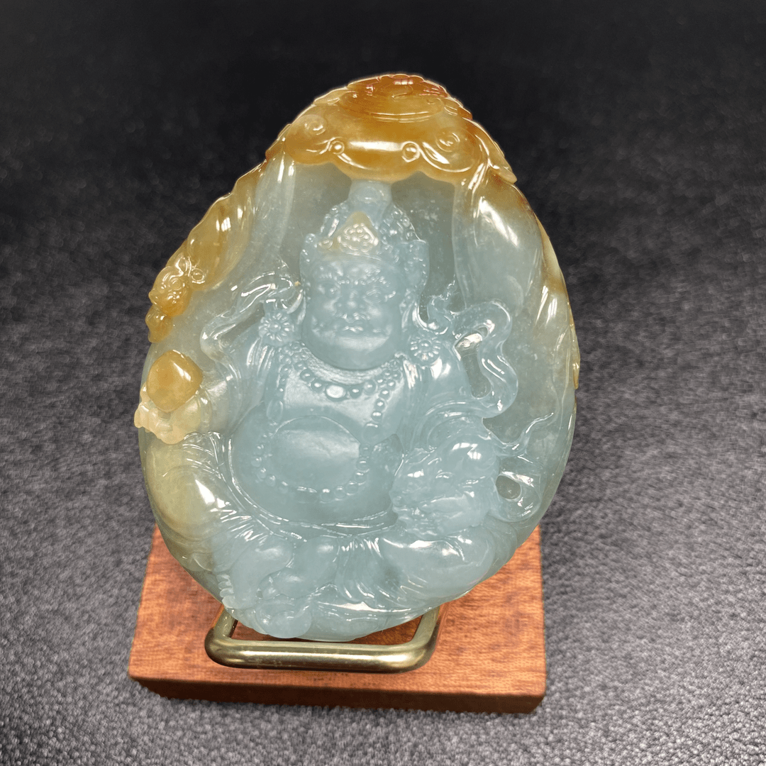 缅甸A货翡翠冰种黄财神绿飘黄翡孤品
