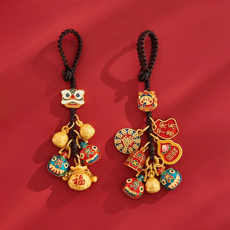 招财钥匙扣财神爷一家三口纳福吞金兽古法金挂饰汽车钥匙链挂件