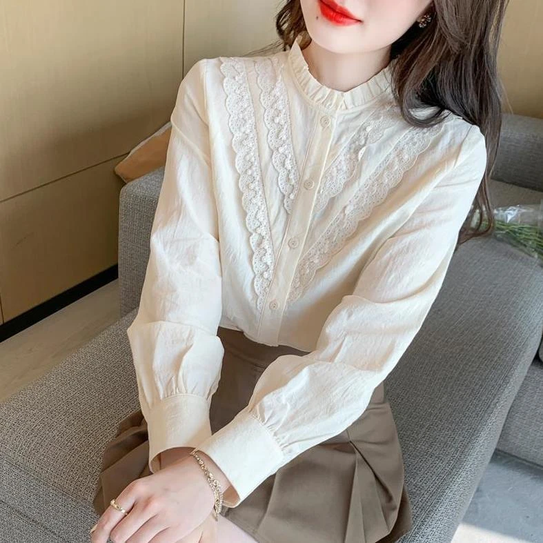 木耳边立领衬衫女花边长袖衬衣2024秋装新款韩版女装法式蕾丝上衣
