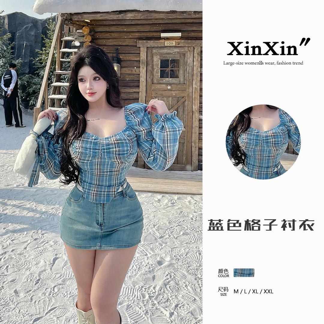 1691【克什米尔】微胖mm大码复古撞色格子衬衣显瘦长袖上衣女新款