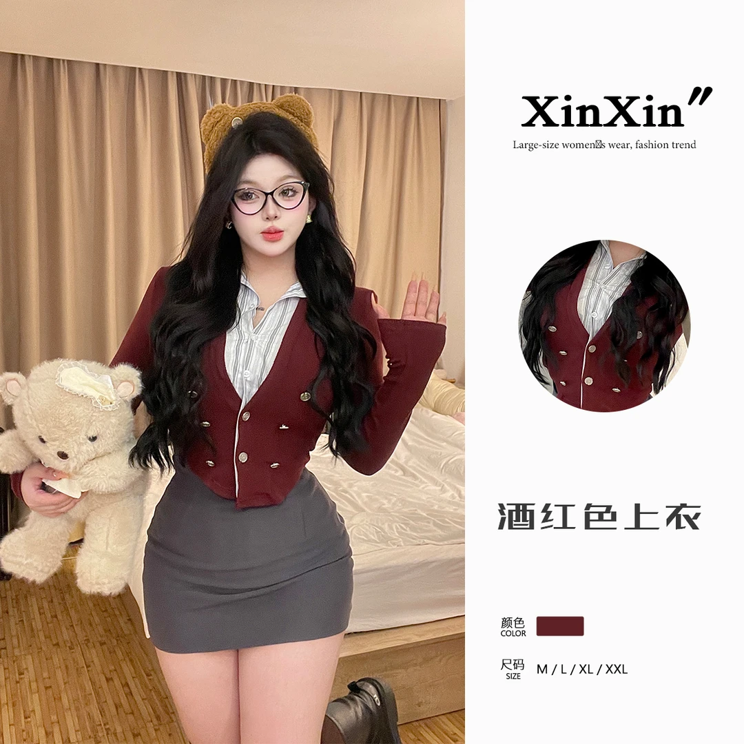 芯芯【减龄学妹】微胖妹妹假两件拼接衬衫领长袖上衣女2024秋新款