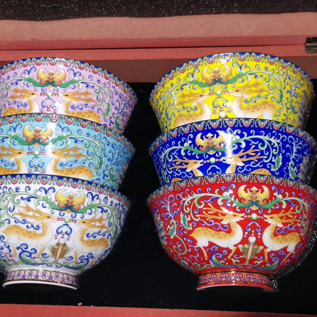 珐琅彩麋鹿六个颜色碗手工家用高级陶瓷送礼礼盒新中式轻奢复古高