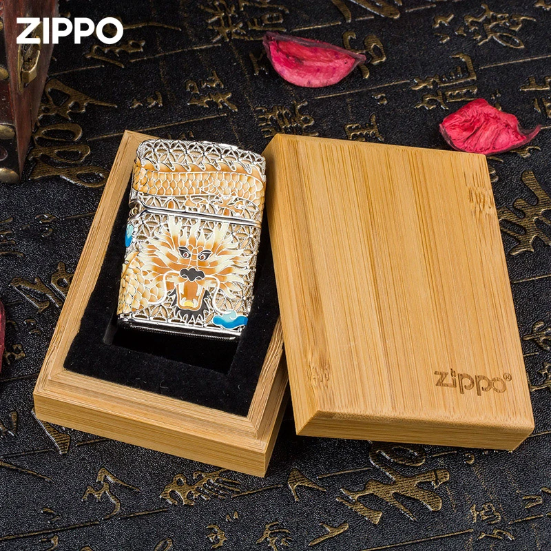 ZIPPO打火机夜光龙珐琅彩花丝镂空男士个性金色银色DY9902TF
