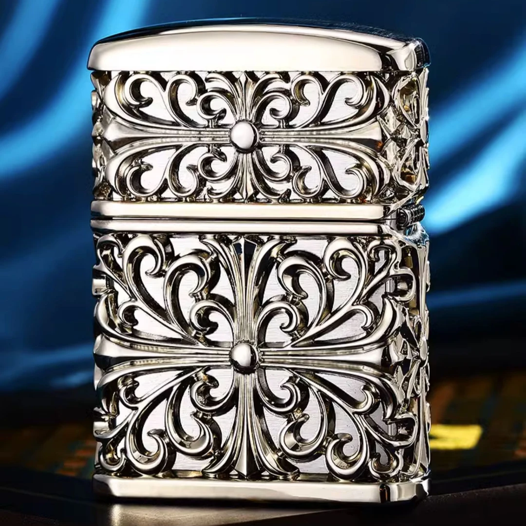 ZIPPO重盔甲克罗心之恋唐草十字男士镂空个性银色防风唐草花