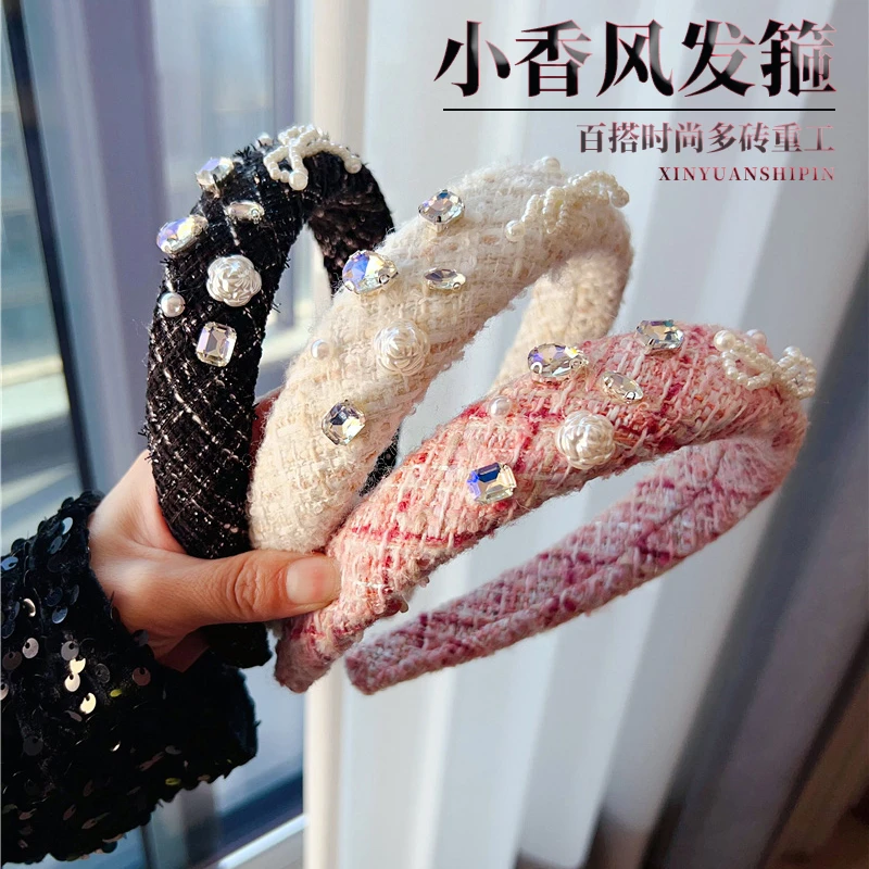 小香风发箍时尚百搭发饰粗呢高颅顶头箍重工手工气质网红头饰韩版