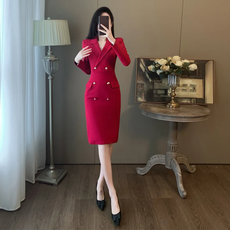 【送运险】冬季西装裙连衣裙秋冬高级感打底修身包臀长袖红色裙子