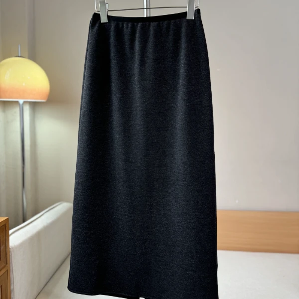 兰嫣冬款（加绒软糯糯）含山羊绒桑蚕丝毛呢修身后开叉显瘦长半裙