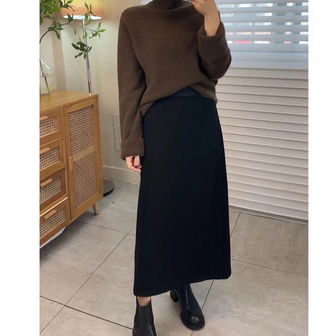 新款马吉拉显瘦半身裙高腰气质半身毛呢裙加厚复合黑色百搭裙1167