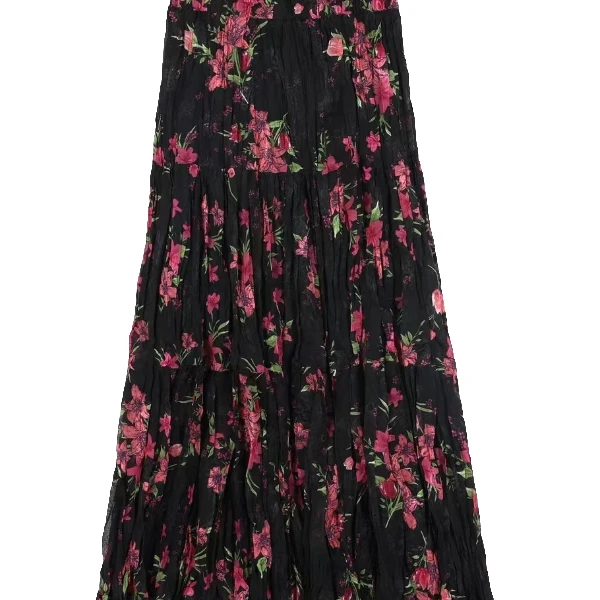 兰嫣｛仲夏之女｝夏季黑色时尚碎花女装半身裙褶皱松紧腰蕾丝半身裙