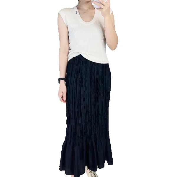 夏季气质舒适高腰纯色褶皱显瘦女装半身裙女士简约时尚法式鱼尾裙