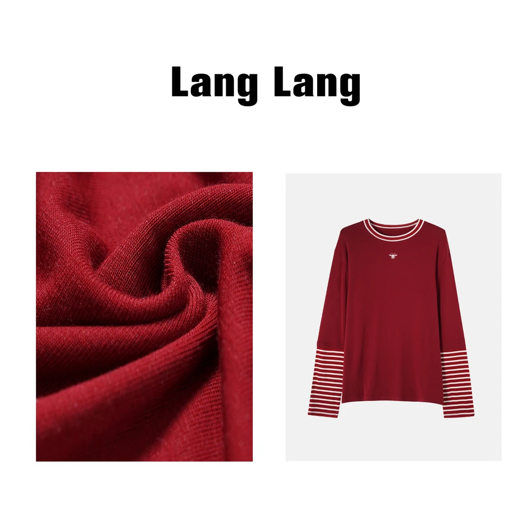 LANG LANG “小丑”天丝羊毛百搭拼接休闲设计条纹显瘦圆领T恤7169