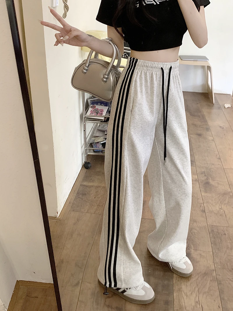 显瘦条纹阔腿直筒宽松运动裤