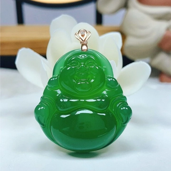 【甄选礼物】天然冰绿佛公(不含链) 925银扣头镶嵌 送老婆送友礼物