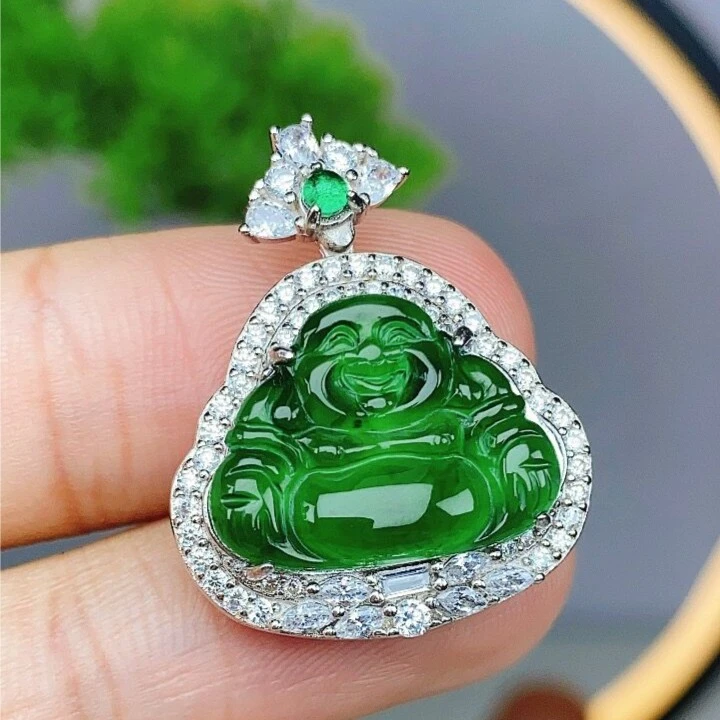 【翡翠珠宝】天然翡翠A货佛公吊坠(不含链)  冰绿透亮 925银包镶
