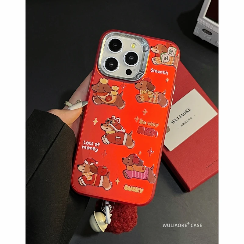 电镀红可爱腊肠狗适用苹果iPhone15promax手机壳14/13/12卡通