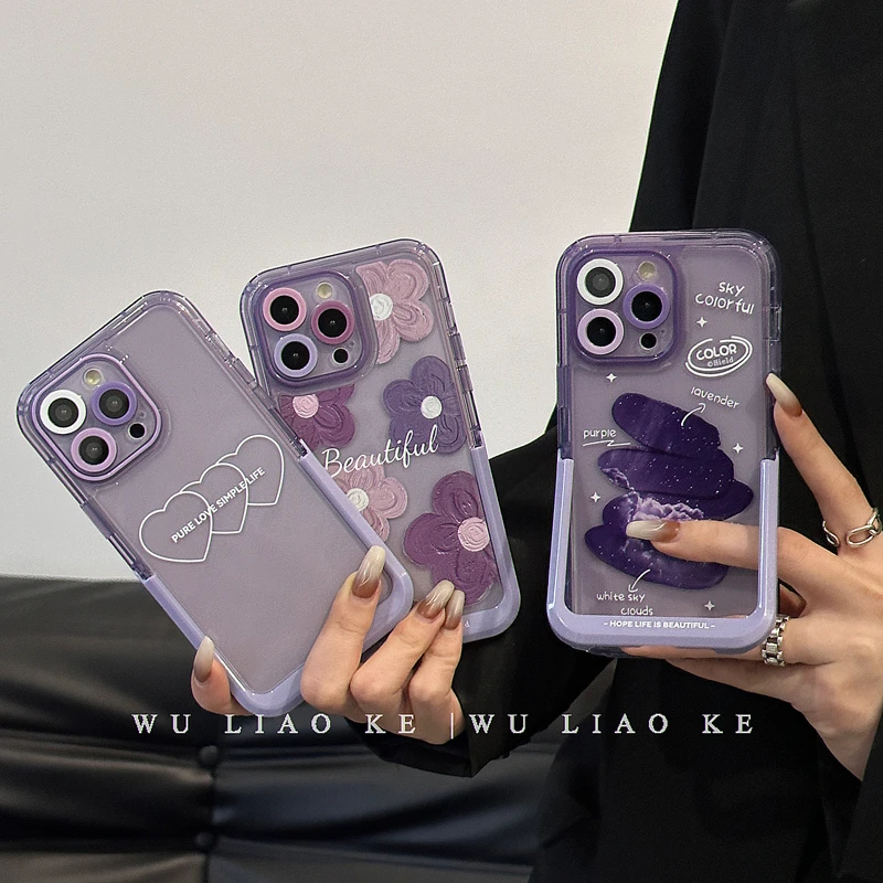 紫色颜料泫雅花爱心带直立支架适用iPhone14promax手机壳13/12/11