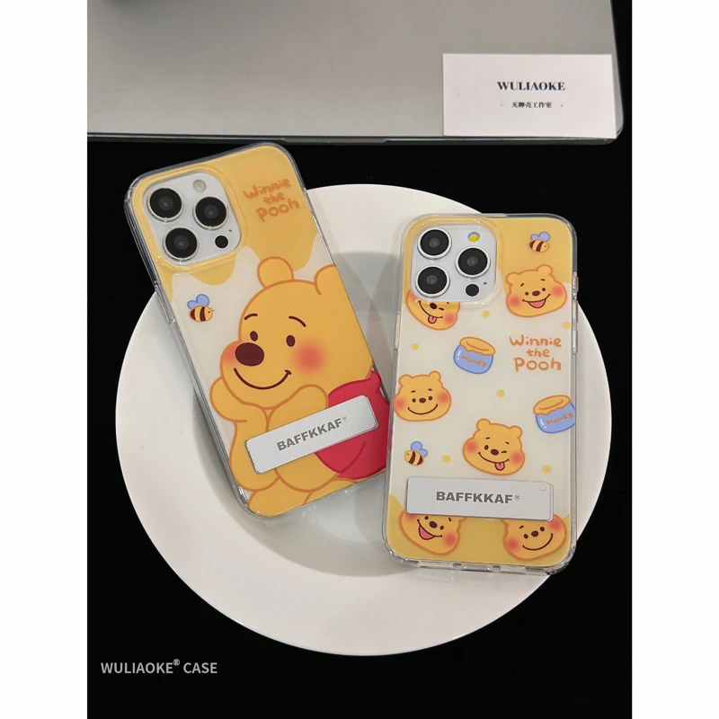 一体支架双层维尼熊适用苹果iPhone15promax/14/13/12手机壳卡通