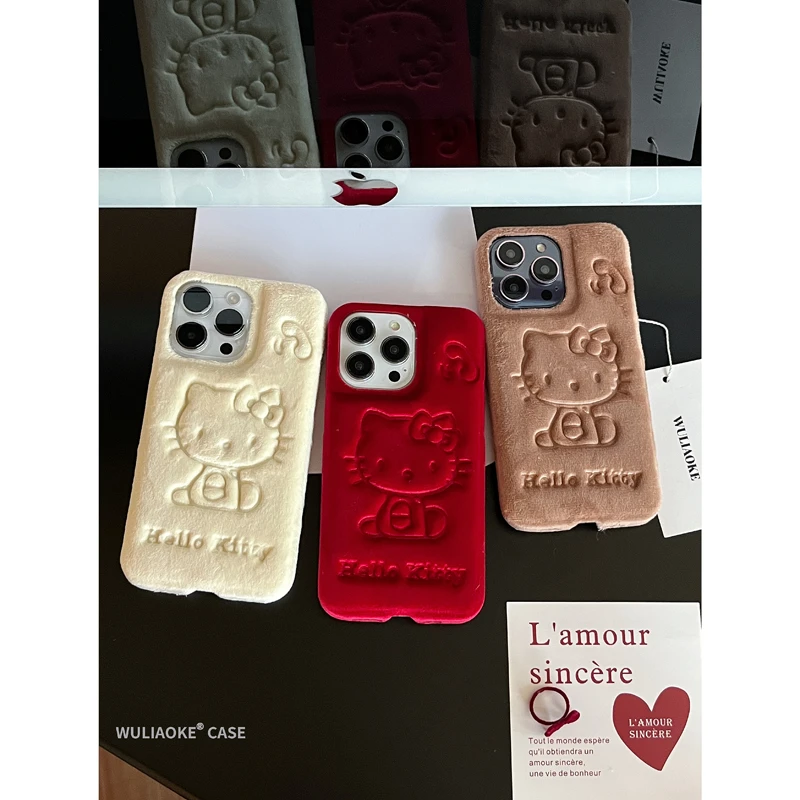 绒布压印秋冬棕红白KT猫适用苹果iPhone15promax手机壳14/13/12