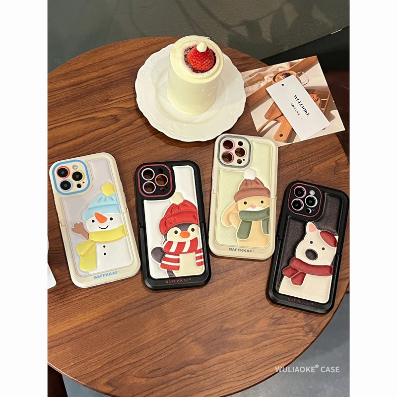 皮纹支架雪人企鹅小狗兔子适用苹果iPhone15promax手机壳14/13/12