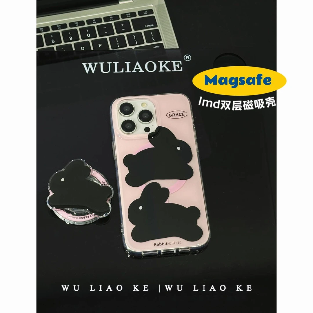 磁吸双层ins粉底两只兔适用苹果iPhone15promax手机壳14/13/12