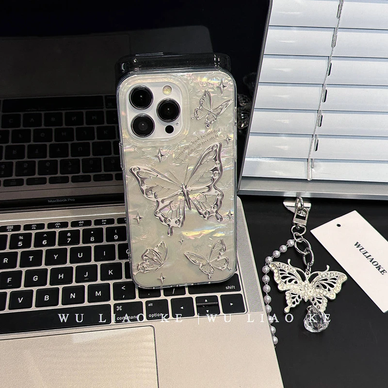 ins贝壳纹铂金蝴蝶适用苹果iPhone15promax手机壳13/12/14高级感