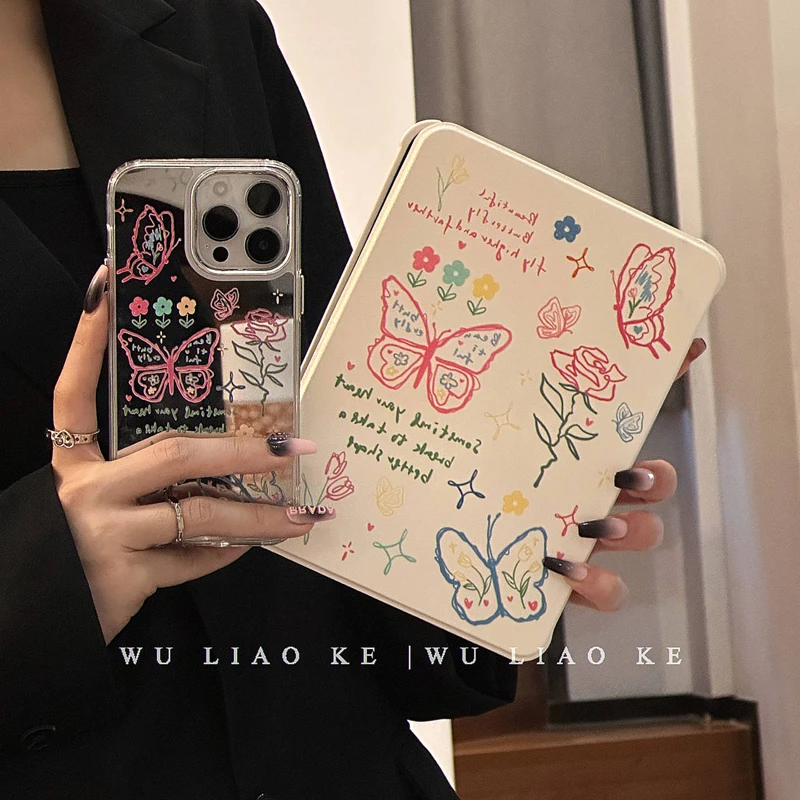 电镀镜面ins蝴蝶花适用苹果iPhone14promax手机壳13/12/11小众女