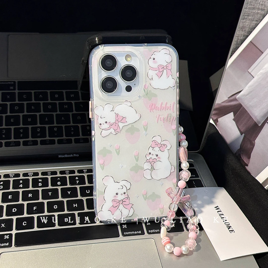 双层ins草莓蝴蝶结兔子适用苹果iPhone14promax手机壳13/12/11女