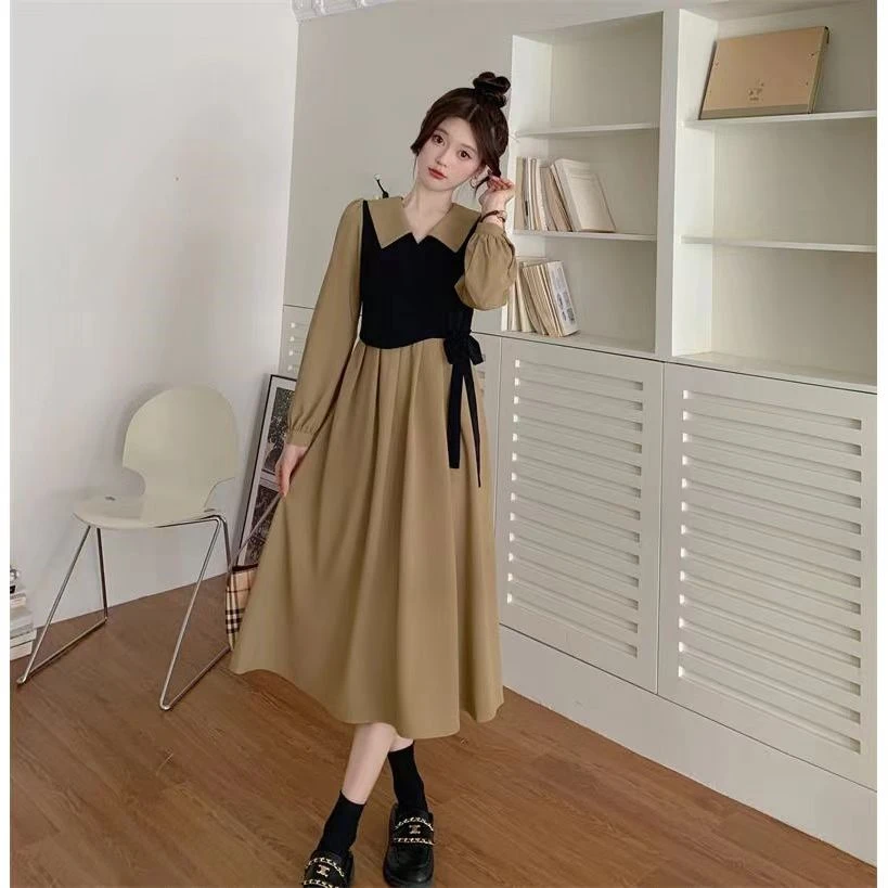 法式复古长袖假两件哺乳孕妇连衣裙气质辣妈显瘦赫本风茶歇长裙