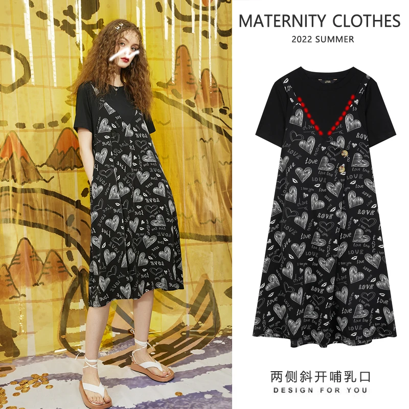 笑咪咪爱心碎花宽松显瘦口袋假两件拼接吊带哺乳孕妇连衣裙时尚