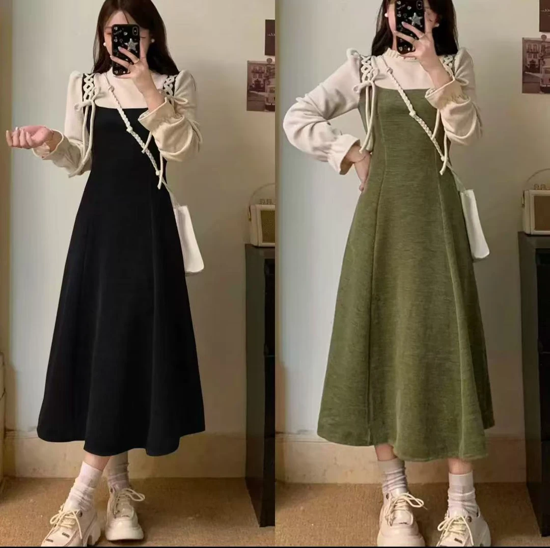 笑咪咪灯芯绒绿色秋冬法式复古假两件木耳边绿色哺乳孕妇长裙