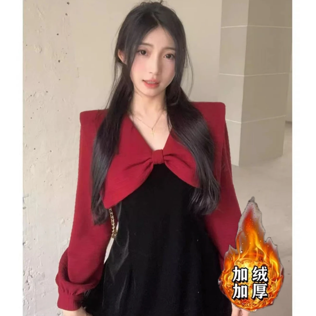 冬款假两件丝绒哺乳连衣裙春秋修身显瘦新年战袍圣诞节红色长裙
