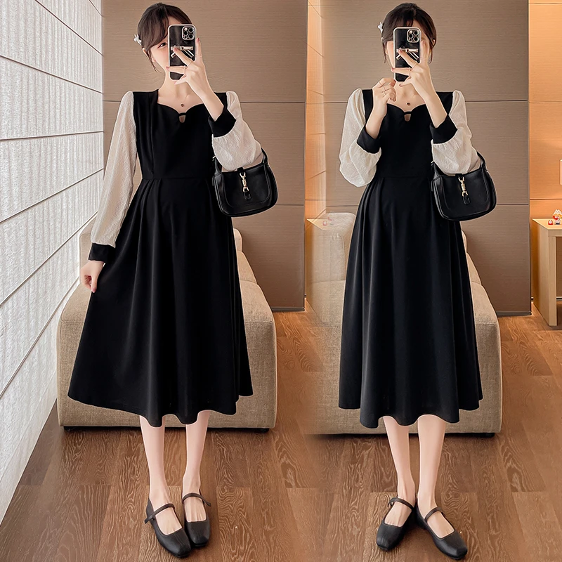 黑色法式竖开哺乳连衣裙显瘦假两件长袖法式气质赫本风中长裙长款
