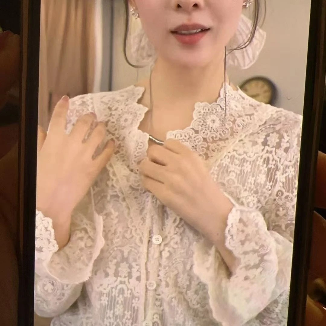 法式镂空设计长袖钩花蕾丝衫2025新款洋气百搭打底气质上衣时尚