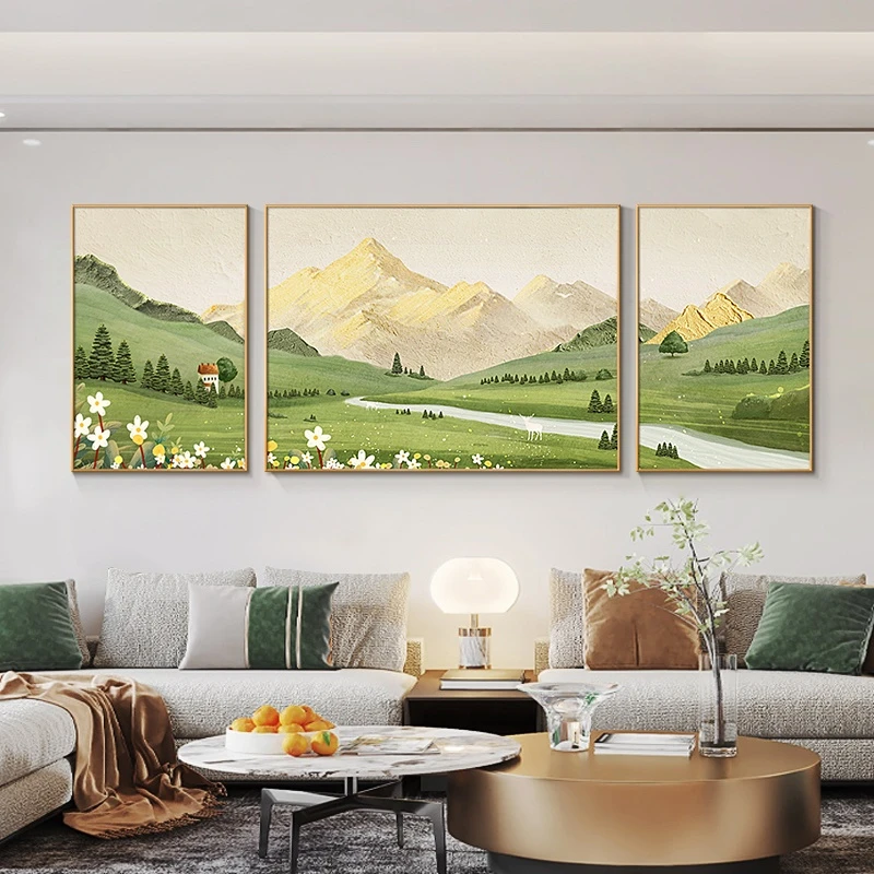 【四季如春】手绘油画三联山水风景画客厅背景墙挂画沙发背墙装饰画